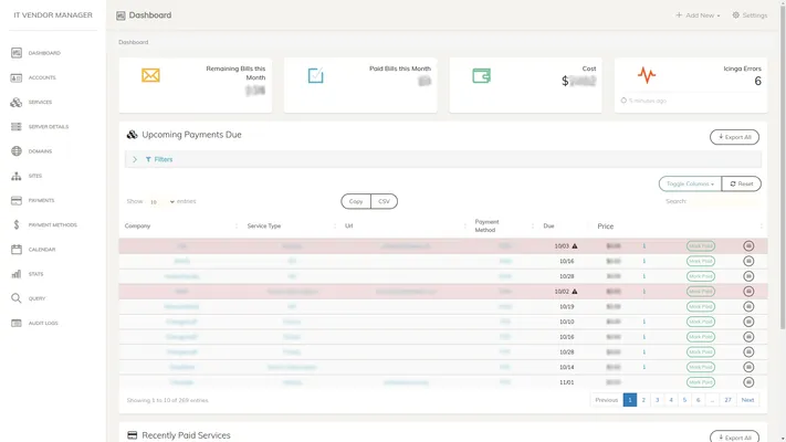 Main dashboard
