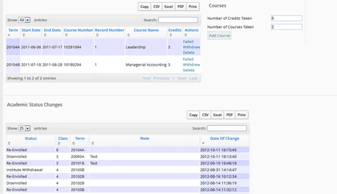 Student data form academic tracking