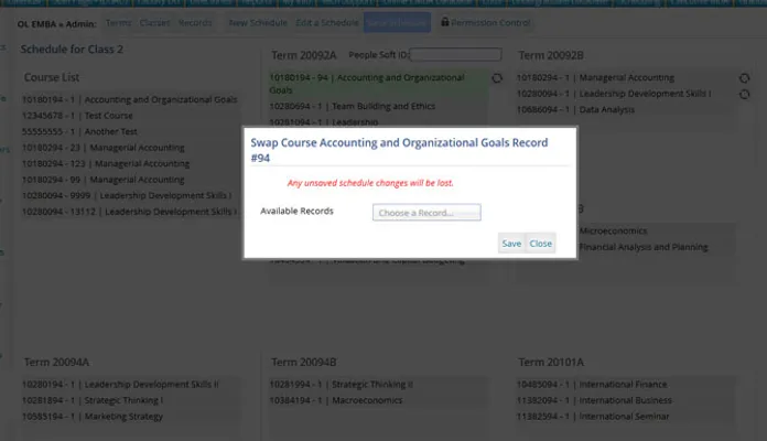 Class schedule form course swap modal